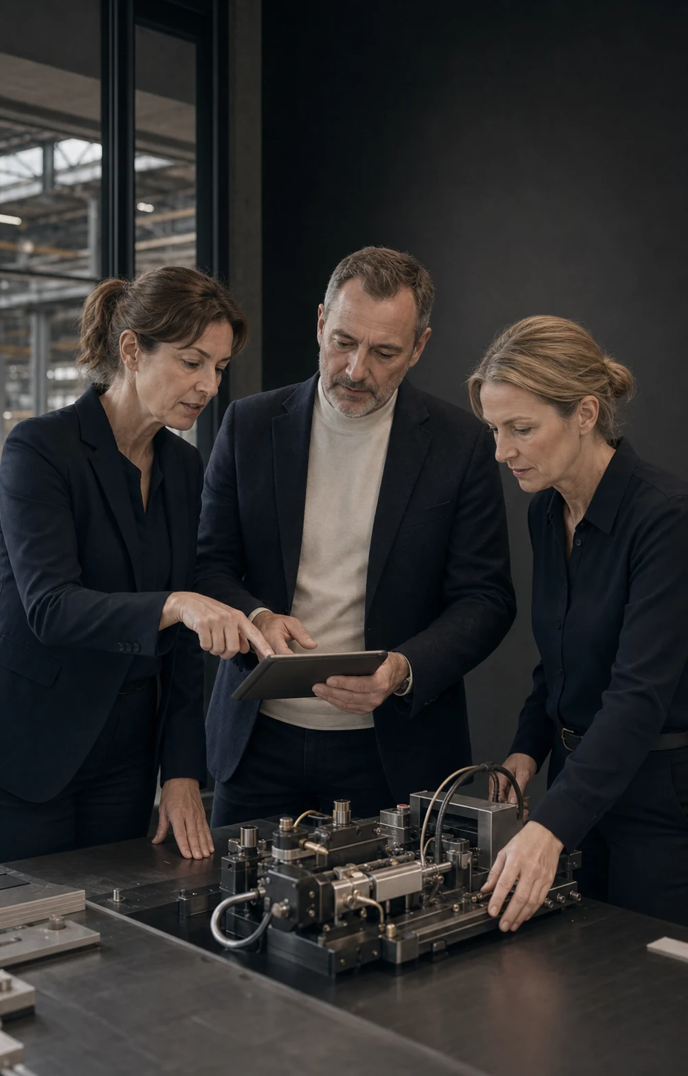 Drei Fachleute prüfen gemeinsam eine digitale Anwendung an einer Industrieanlage.